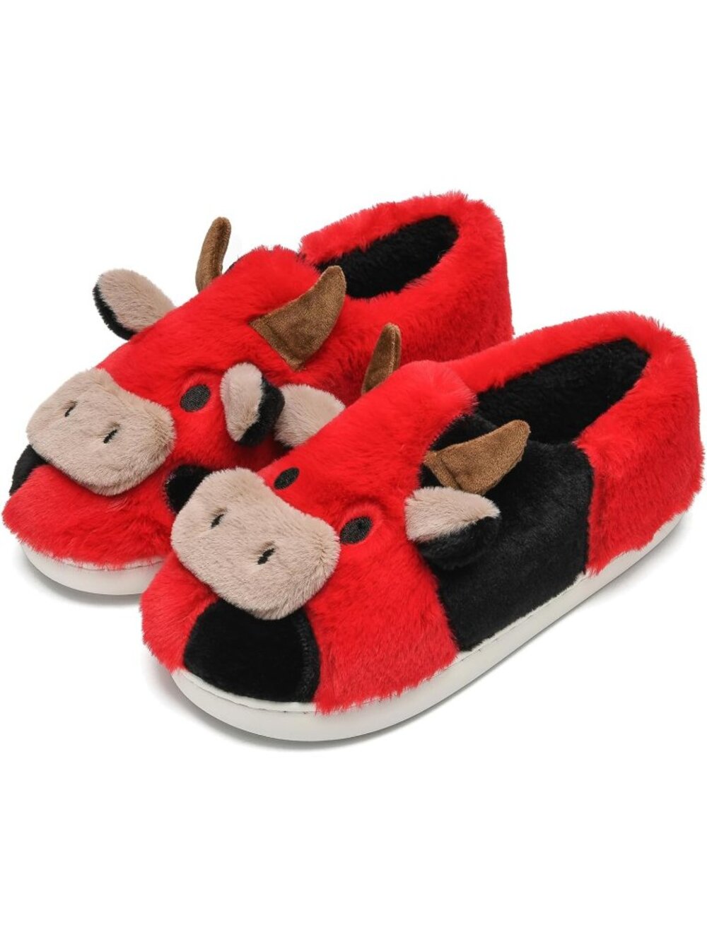 Women's Red 1 Fluffy Cute Cozy Cartoon Fuzzy Cow Polyester Indoor Slippers